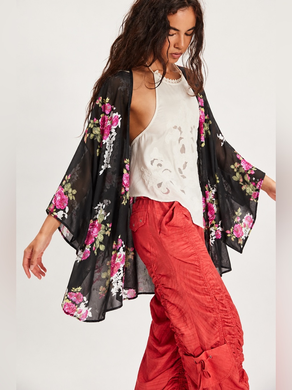 Torrid Black Pink Rose Floral Sheer Kimono Cardigan Boho Resort Beach Cover Up